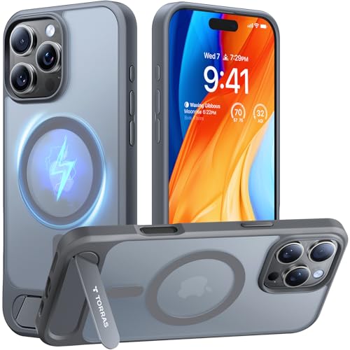 Image of TORRAS Strong Magnetic & Seamless Stand Case for iPhone 16 Pro Max, Fit for MagSafe, Military Grade Drop Protection, Adjustable Kickstand, Slim Frosted Matte Grey