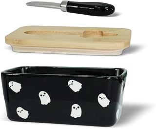 Domini Halloween Ghost face Large Butter Dish,Ceramic Butter Dish with lid and knife, Butter Keeper Double Silicone Seals, Perfect for 2 Sticks of Butter, black