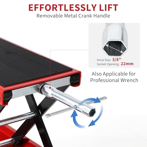GarveeTech Motorcycle Lift, 1100 LBS Motorcycle Scissor Lift Jack with Wide Deck & Safety Pin, 3.15"-13.39" Center Hoist Crank Stand, Steel Scissor Jack for Street Bikes, Touring Motorcycles