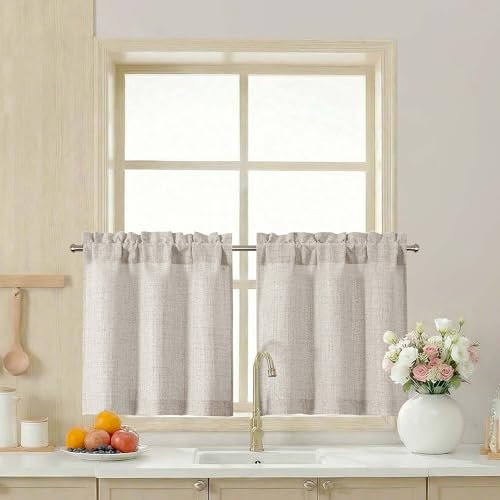 LIVEKID Kitchen Curtains 24 Inch Length, Light Filtering Faux Linen...