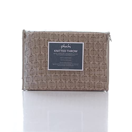 Image of Pluchi Kelly Knit Cotton Knitted Textured All Season AC Throw Blanket for Sofa (Luxurious,125cm X 150cm, 49 x 59 Inches) (Stone)