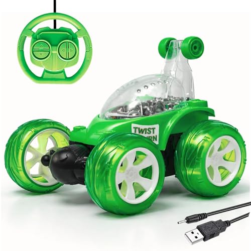Image of SMART BOY Rechargeable 360 Stunt Remote Control Car for Kids with LED Lights, USB Charging, Anti-Skid Rubber Tires, 4WD RC Toy Indoor Outdoor Toy Gift for Boys Girls Age 3 4 5 6 7+ Years 9802GREEN