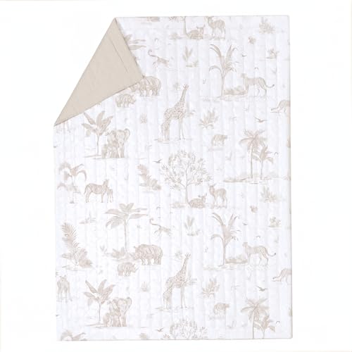 Image of MakeMake Organics Organic Baby Comforter GOTS Certified Organic Kids Blanket Cotton Infill Tufted - Reversible Ultra Soft Breathable Boys Girls (30 inchx40 inch, Safari + Solid Oat)