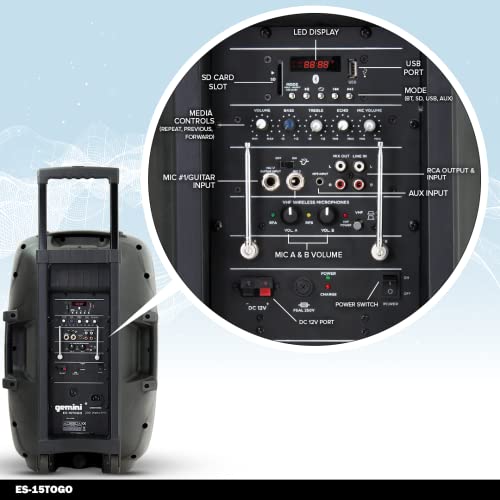 Gemini Sound Es-15Togo Wireless Portable Bluetooth Streaming Professional Dj Pa System Trolley Active 800 Watts Speaker With Dual Mic Jacks Sd Card And Usb Port With 2 Wireless Mic Bundle #TOP1