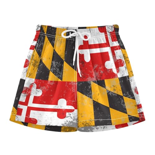 Aflyko Patriot Kid Board Shorts Maryland Flag Grunge Boys Girls Beach Swimwear Quick Dry Swimming Shorts All Day Shorts Relax Fit Hawaii Shorts 3.9" Inseam, 8Y