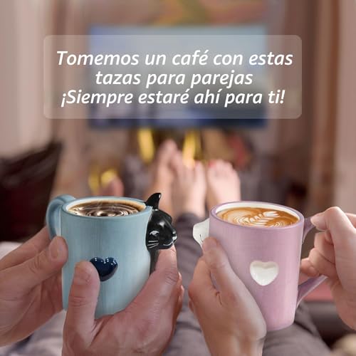 Miniatura 4 de Mengcat Gato Tazas De Café Par, Conjunto De Tazas De Té De Cerámica Únicas, Taza De Boda Para La Novia Y El Novio,Beso Regalo A Juego Para Aniversario, Compromiso, Día De San Valentín, Cumpleaños