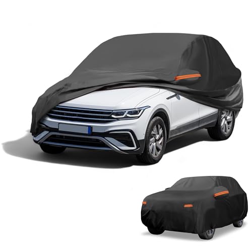 Image of All-Weather Waterproof Car Cover - UV-Resistant Outdoor Full Exterior Protection for Volkswagen Tiguan SWB 210D-PU Black with Right Side Zipper