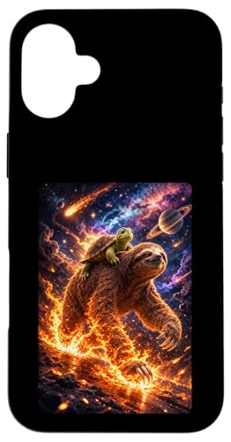 Funny Turtle Riding Sloth in Cosmic Galaxy Space UFO �X�}�z�P�[�X iPhone 16 Plus �p