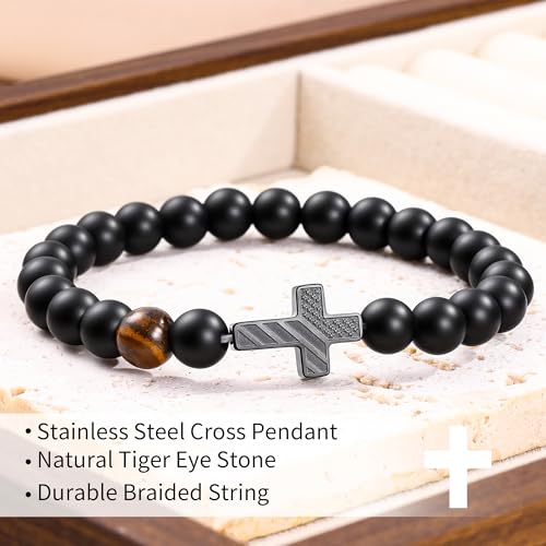 Laeclily Cross Bracelets for Men Beaded Tiger Eye Natural Stone Bracelets Lava Rock Adjustable Black Triple Protection Bracelet Birthday Jewelry Gifts for Men Women,Flag — view 3