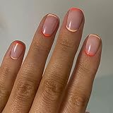 Morily Orange French Tip Press on Nails Short Square 24Pcs Clear Pink Fake Nails with Design Acrylic