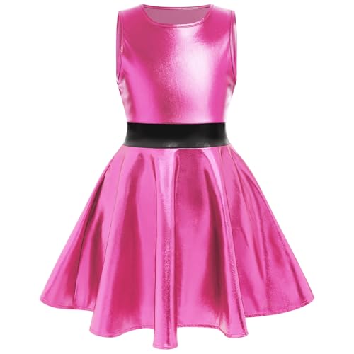 Girl Shiny Metallic Dress Toddler Sleeveless Holographic 80s Sparkly Dance Outfits Kids Alien Space Pleated Skirt Carnival Rave Twirl Swing Dress 90s Prom Skater Mini Dress Hot Pink 11-12 Years