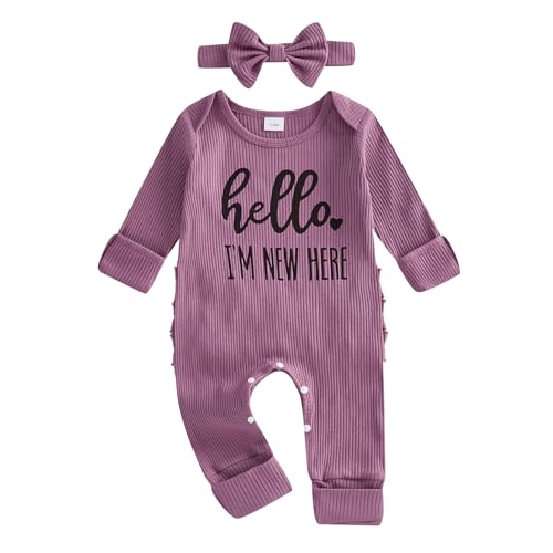 Newborn Baby Girl Clothes Letters Long Sleeve Ribbed Romper Jumpsuit with Headband Preemie Coming Home Outfit