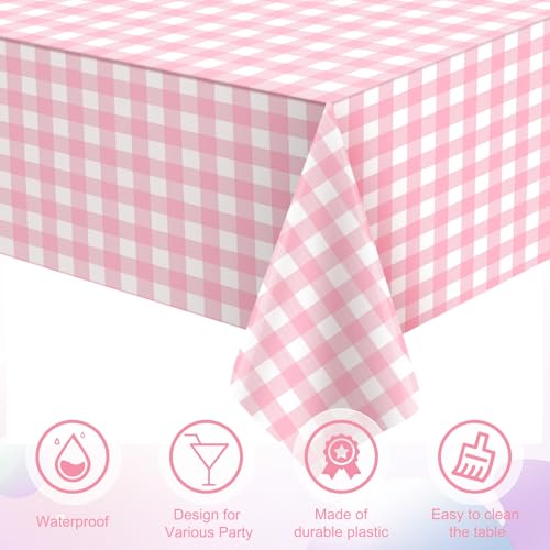 3 Pcs Pink and Whtie Gingham Tablecloth Decorations, Disposable Plastic Pink Checkered Tablecloth Buffalo Plaid Table Cover for Baby Shower Bridal Wedding Birthday Party Supplies,54 x 108 Inch by Denwiller - Image 3