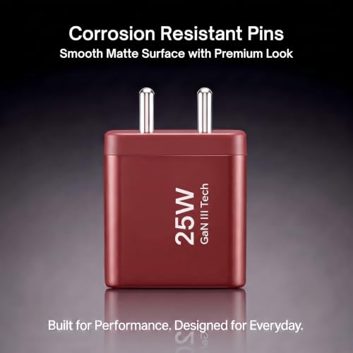 Image of Philips DLP4321NR /94 Gen III Tech 25W Fast Charging Wall Charger (Iron Red) | USB-C PD + USB-A | 2-Port Multi-Device Charger for Smartphone, Tablet, Earbuds & Accessories | Compact Travel Adapter