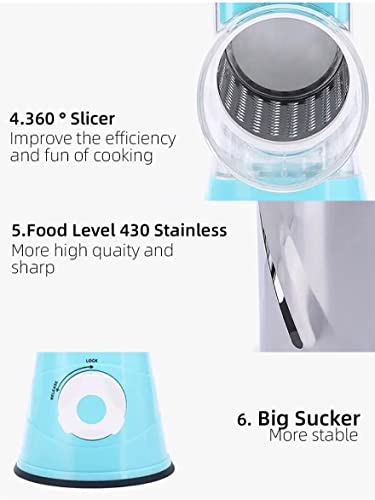 Endegoo Rotary Cheese Grater 3 In 1 Kitchen Gadgets Bpa Free Blue Cutter With Handle Mandoline Slicer Food Fruit Vegetable Shredder Nuts Grinder 3 Drum Blades And Strong Suction Base (Sky Blue) #TOP4