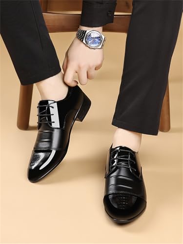Image of Men's Trendy Patent Leather Tuxedo Dress Shoes Cap Toe Lace up Formal Business Oxfords Wedding Prom