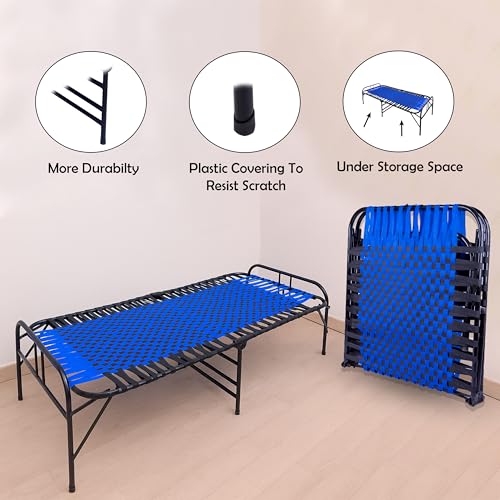 Image of Casa Copenhagen, Portable Single Folding Bed Heavy Duty Metal Cot Khat for Sleeping Bed Space Saving Design Sturdy Synthetic Niwar feet - Aqua Blue & Charcoal Black