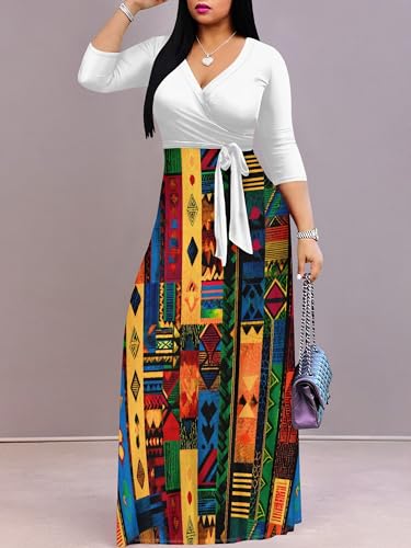 Image of PinkPatty Plus Size Maxi Dresses for Women Casual Flowy Long Dress 3 /4 Sleeve V Neck Wrap Dress with Belt
