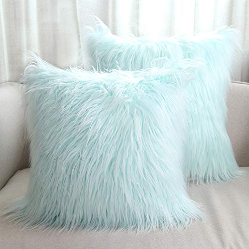 Hodeco Lot de 2 housses de coussin carrées en fausse fourrure de Mongolie douce 100 % polyester pour décoration d'intérieur, 45 x 45 cm, bleu clair