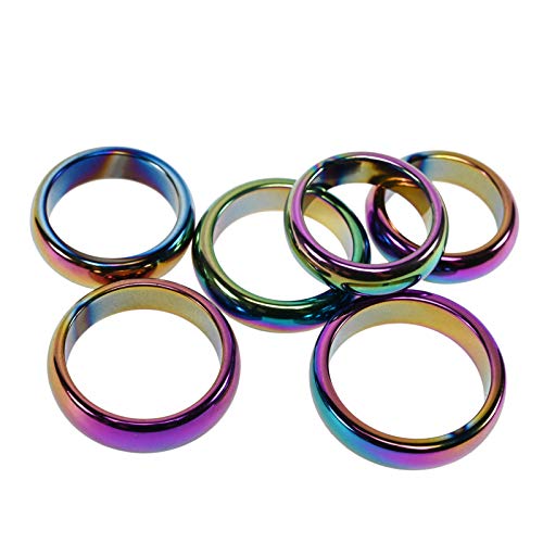 6Pcs 6mm Hematite Rings for Women Black Hematite Stone Ring for Men Anxiety Balance Magnet Stone Hematite Rings (6mm Rainbow Band Rings(6pcs))