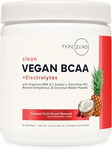 Type Zero Ultra Clean Vegan BCAA Powder + Electrolytes (Tropical Fruit Punch | 6G) 2:1:1 Sugar-Free/No Sucralose BCAAs Amino Acids Supplement - BCAA Vegan Amino Acids After Workout Drink, 30 Servings
