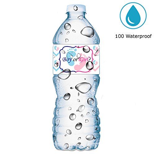 25 Gender Reveal Footprints Baby Shower Party Water Bottle Labels; Boy or Girl Waterproof Wrappers; Pink and Blue Water Bottle Stickers Labels Decorations (Gender Reveal) Made in USA