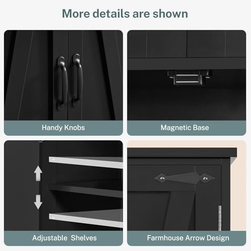 Image of TEENFON Tall Storage Cabinet, Kitchen Cabinet with 4 Shelves, Adjustable Shelves, Pantry Cabinets with 4 Barn Doors, Tall Kitchen Cabinets for Dining Room, Living Room, Black