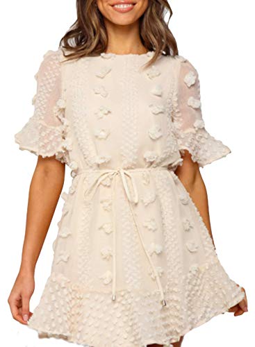 Dokotoo Womens Casual Summer Spring Sexy Crew Neck Swiss Dot Pom Pom Elegant Loose Fit Flare Short Sleeve Tie Waist Cute Chiffon Lace Boho Tunic Flowy Mini Short Dresses for Women White Large