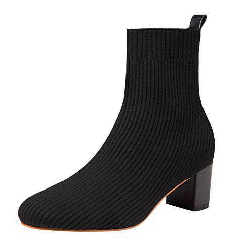 GATUXUS Women's Glove Chunky Mid Heel Ankle Boots Pointed Toe Knit Sock Style Booties Casual Warm Shoes - Main Image