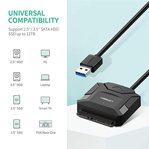UGREEN Adattatore SATA USB 3.0 per SSD HDD 2.5’’3.5’’ 12TB con Alimentatore DC 12V, Cavo SATA USB 3.0 UASP e Riposo Automatico, SATA Adapter USB 3.0 per WD Toshiba Seagate Samsung Hitachi ecc.