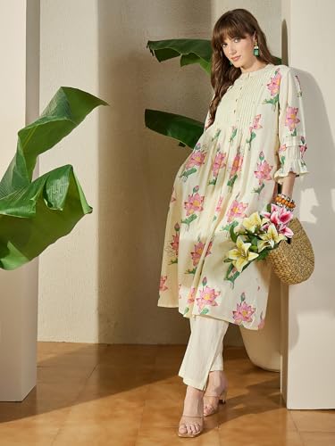 Image of INDO ERA Women's Pure Cotton Floral Printed A-Line Calf Length Kurta & Pant Set (IESTR12117)