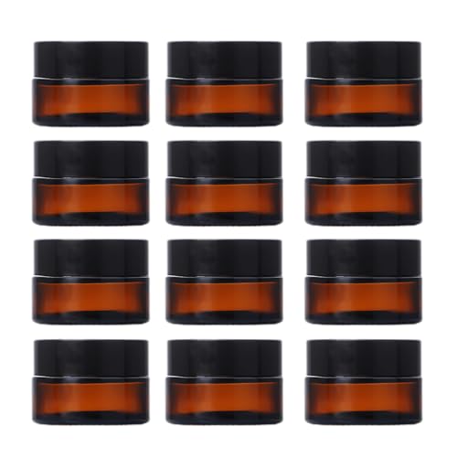 12Pcs Small Amber Glass Jars with Black Lids Empty Cosmetic Containers with Inner Liners Refillable Travel Containers Bottles for Lotion Face Cream Makeup Lip Balm 5g