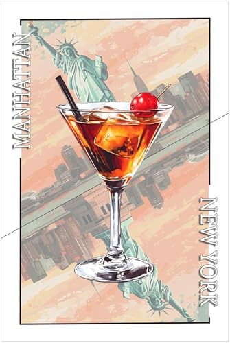 Générique Affiche cocktail Manhattan. Poster New York et statue de la liberté. Imprimé cocktail whisky, rouge, verre à cocktail, sans cadre. (40x60)