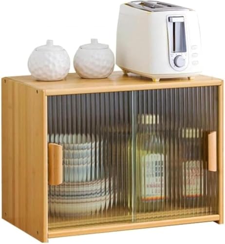 Livmorx 竹製スリム食器棚 - 防塵引き戸・可動棚付き・おしゃれなガラス扉デザイン - 一人暮らしに最適なコンパクトなキッチン収納キャビネット・組み立て式・台所収納便利 (1 段 55CM,原色)
