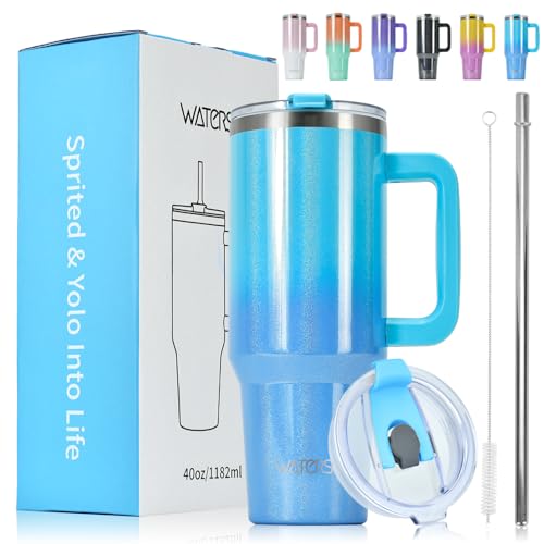 WATERSY 40oz Kaffeebecher to Go Thermobecher Doppelwandiger Edelstahl Vakuum Auslaufsicher Trinkbecher mit Griff und Strohhalm Thermo Tumbler Deux Blau Glänzend
