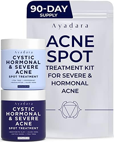 Ayadara Day & Night Cystic Acne Spot Treatment, Daytime and Overnight Acne Spot Treatment for Hormonal, Severe Acne, Cystic Acne Treatment for Face, Pimple Cream Tea Tree Bentonite Clay, 90 Day Supply