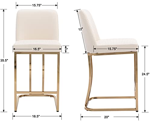 Bestano Mid-Century Modern Counter Height Bar Stools With Gold Metal Base And Footrest, 24" Woven Faux Leather Upholstered Counter Stool Chairs For Kitchen Island Set Of 4, Beige #TOP1