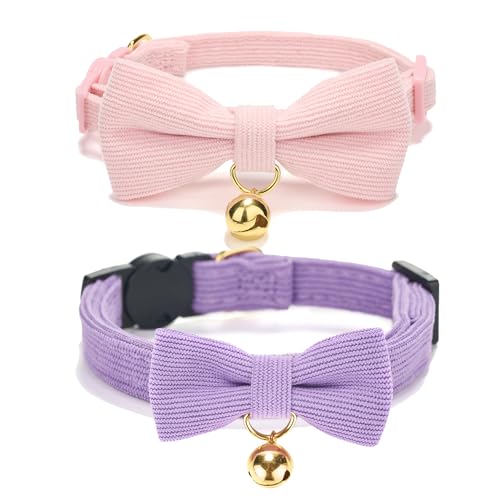 Petiry Corduroy Soft Cat Collar,Breakaway Pink Kitten Collar With Removeable BowTie and Gold Bell,Pack of 2,Purple Pink