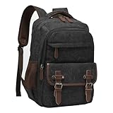 LUNLOPIK Canvas Laptop Backpack with USB Charging Port, Vintage Daypack for Men Women, Black Travel Work Rucksack College Computer Bag Bookbag Fits 15.6 Inch Lapop, Black