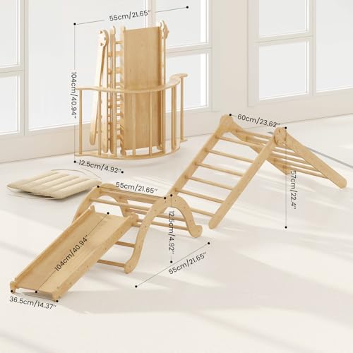 Trintion 4-in-1 Indoor-Klettergerüst für Kleinkinder, Montessori-Klettergerüst-Set mit Holz-Kletterdreieck, Bogen, Rutsche und kurzem Kissen, faltbares Kletterspielzeug für Kinder