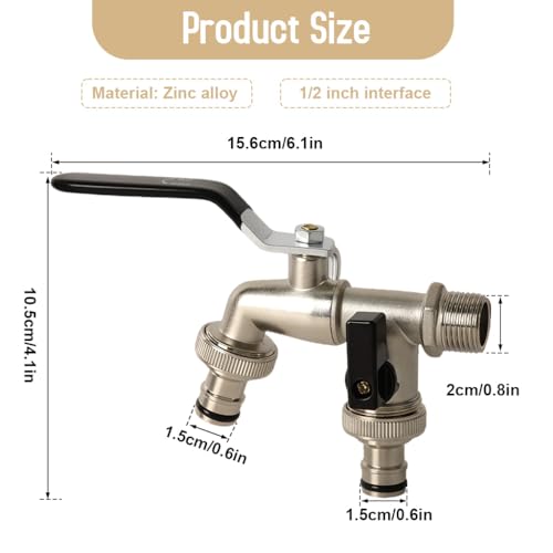 Image of HASTHIP Water Tap, Garden Faucet Splitter, 1 in 2 Out Zinc Alloy Hose Y-Connector, Dual Water Tap Adapter with Individual Shut-Off Valves for Garden, Lawn & Outdoor Irrigation
