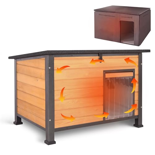 ALEKNEKI Insulated Dog House Outdoor Weatherproof, Wooden Heated Large Houses with Removable Liner for Winter, Upgrade Anti-Chewing Iron Frame Dog Shelter for Puppies, Cats
