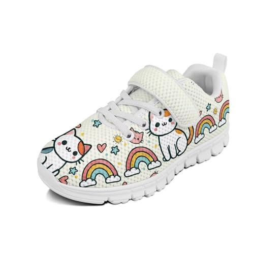 Kids Tennis Shoes Breathable Running Shoes Walking Shoes Fashion Sneakers for Boys and Girls Cute Cat Rainbow Pattern White Sole