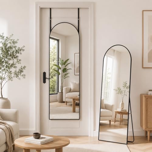 Image of Antok 56 inch x14 inch Arched Full Length Floor Mirror, Black Aluminum Frame, Free Standing /Wall Mount /Leaning for Bedroom, Living Room, Dressing Room