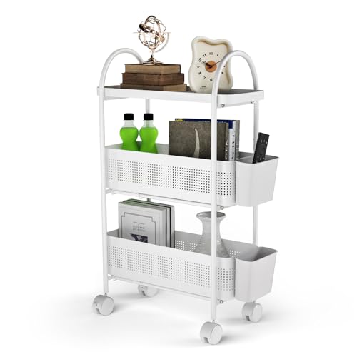 Levede 3-Tier Premium Metal Storage Trolley with Pull-Out Baskets, Narrow Rolling Cart on Wheels for Kitchen, Fruit & Vegetable Organizer, Multifunctional White Shelving Unit