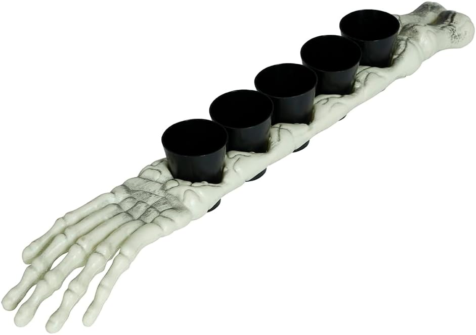 FIESTAS GUIRCA Skeleton Arm with 5 Shot Glasses (50 cm) - Table Decoration for Halloween Parties and Skeleton Celebrations - Glass Holder Ideal for Creepy Environments and Events - White