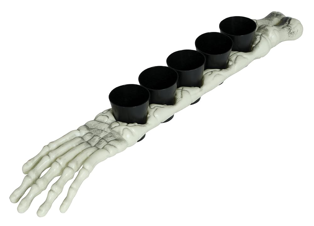 FIESTAS GUIRCA | Skeleton Arm with 5 Shot Glasses (50 cm) - Table Decoration for Halloween Parties and Skeleton Celebrations - Ideal Cup Holder for Spooky Environments and Events - White