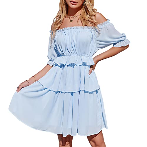 EXLURA Womens Off Shoulder Ruffle Short Dress Flowy Tiered Smocked 3 4 Puff Sleeve High Waist Casual Mini Dress Blue