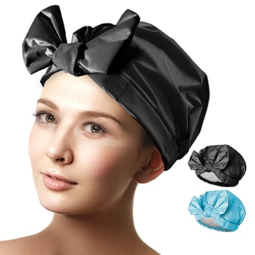 Shower Cap for Women Reusable Long Hair Double Waterproof Large Shower Hair Hat Adjustable (11 inches, Black, Blue, Bowknot)