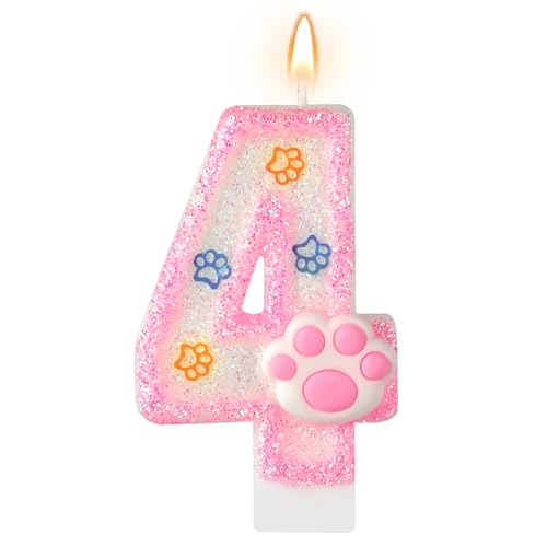 AKURIEEY Dog and Cat 4th Birthday Candle Pink Numbers 4 Candle Paw Cake Topper Cupcake Decorations for Pet Theme Party Decor Anniversary Celebrations Supplies